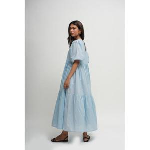 Robe longue trapèze bleu clair à manches courtes et col en V, avec ceinture, séchage rapide, design étagé simple, en coton respirant pour femme - Prix de gros - Product Image 6