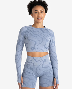 High Quality Women's Solid <b>Blue</b> 2-Piece Yoga Set Full Sleeve <b>Crop</b> <b>Top</b> High Waist Shorts Front Printed Spandex Polyester - Product Image 3