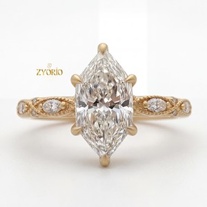 Anillo de compromiso vintage de oro de 10K con diamante marquesa cultivado en laboratorio, inspirado en el estilo antiguo, con engaste de garra, joyería fina para mujer - Product Image 6