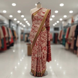 Sari de Algodón Kalamkari Crimson Heritage de Diseño Único con Estampado Artístico Tradicional, Moda Étnica Femenina Disponible para la Venta - Product Image 4