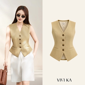 Women's <b>Beige</b> V-Neck Tailored <b>Waistcoat</b> With Buttons Elegant Solid Color Vest Regular Length Casual Style DELWYN - Product Image 1