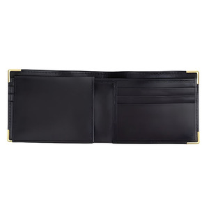 Portefeuille classique noir en cuir véritable pour homme, avec coins en métal doré brillant, rabat supplémentaire, format fin, disposition pratique pour espèces et cartes - Product Image 5