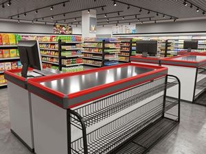 Comptoir de caisse One Tech 1,2 m pour supermarché, corps en acier thermolaqué, plateau en acier inoxydable, bureau de caissier pour magasin de détail - Product Image 1