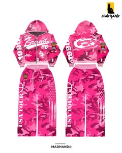 Custom Full Print Camo Tracksuit | <b>Studded</b> Zip Up Hoodie & Wide Leg Pants | OEM Streetwear Style Fleece Set Manufacturer - Product Image 6