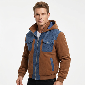 Chaqueta Bomber con Capucha para Hombre, de Pana con Bloques de Color, Cierre de Cremallera, Estilo Casual para Otoño/Invierno, con Cuello Alto - Product Image 4