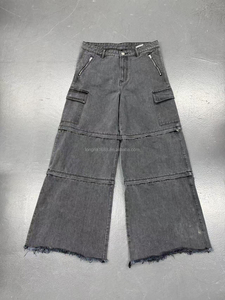 Pantalon cargo en jean délavé taille haute pour homme, coupe ample, jambe large, avec poches zippées, style utilitaire, en coton pour l'automne - Product Image 5
