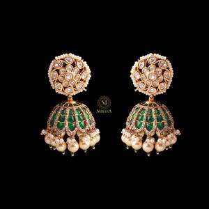 Adya Emerald Green Pearl Polki Jhumkas-Gold Plated Hoop Earrings for Wedding & Party - Product Image 4