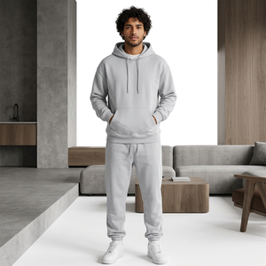 Conjunto Unisex de Sudadera con Capucha y Pantalones Deportivos de Algodón Gris, Color Sólido, Corte Holgado, Largo Completo, Ropa Casual de Otoño con Cordón Ajustable - Product Image 6