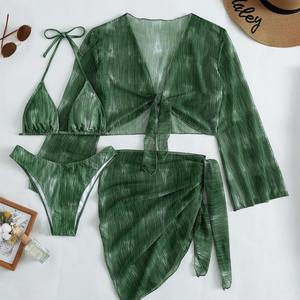 Triveers 2026 Green 3 Piece Tankini Bikini Set Top Bottoms With <b>Cover</b> <b>Up</b> <b>Swimwear</b> Solid Color Stretch Fabric Tankini For Women's - Product Image 6
