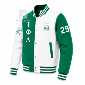 Veste universitaire personnalisée Iota Phi Lambda Sorority, verte et blanche, manches longues, boutons sur le devant, col à revers, logo brodé, coton. - Product Image 2