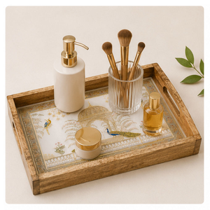 Plateau de service en bois artisanal de luxe avec miniature de paon gravée à l'or, décoratif, émaillé, résistant à l'eau - Product Image 6