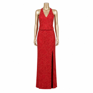 Luxury Red Halter Neck <b>Sequined</b> Evening Gown for Women | High Slit Formal Maxi Dress | Elegant Prom Party Wedding Reception Wear - Product Image 1