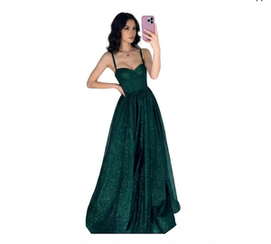 Robe de soirée élégante vert pailleté coupe trapèze longue jusqu'au sol, col cœur, bretelles spaghetti, en satin respirant pour femme – Vente en gros - Product Image 4