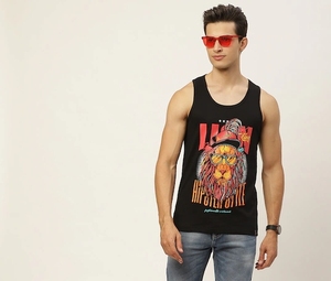 Camiseta sin Mangas Negra para Hombre con Estampado Gráfico de León, Cuello Redondo, Estilo Casual, 100% Algodón, Transpirable - Product Image 1