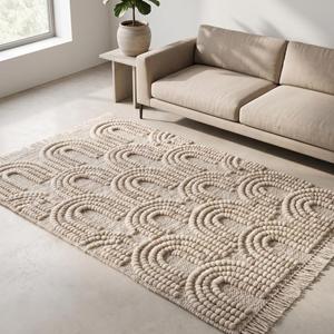 Modern Handwoven Cream Beige Wool <b>Rug</b> Anti-Slip Medium Pile Solid Color Area Carpet Fringe Living Room Bedroom <b>Boho</b> Home - Product Image 2