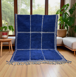 Alfombra marroquí anudada a mano, azul persa y blanca, de lana ecológica, antideslizante, de pelo medio, con diseño de pelo alto para sala de estar - Product Image 1