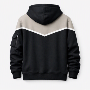 Sudadera con capucha y cremallera de un cuarto para hombre, diseño con bloques de color, bolsillo frontal y cremallera en la manga, estilo casual, negro, beige, blanco - Product Image 3