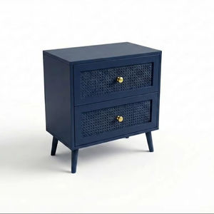 Mesa Auxiliar Moderna Ecológica de 2 Cajones con 5+ Compartimentos, Madera de Caucho, MDF, Chapa de Roble y Detalles de Ratán - Mesa de Almacenamiento para Lateral/Cama - Product Image 1