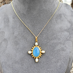 Pendentif léger en chalcédoine bleue et perle d'eau douce, plaqué or 18 carats, collier unisexe pour occasions spéciales, idéal pour les cadeaux. - Product Image 6