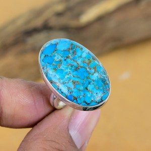 Natural Blue Copper Turquoise Opaque Gemstone Oval <b>Statement</b> 925 Sterling Silver Handmade Jewelry Boho Cocktail <b>Ring</b> For Women - Product Image 4