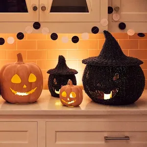 Cesta de calabaza de Halloween de junco marino tejida a mano con tapa, recipiente para dulces y portavelas, para adorno de fiesta de truco o trato - Product Image 6