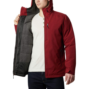 Men's Red Hooded Softshell Jacket Waterproof Windproof <b>Thick</b> Polyester <b>Winter</b> Formal <b>Coat</b> with Zipper Closure and Front Pocket - Product Image 2