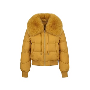Yellow Quilted Jacket With Fox Fur Collar Full Sleeve Winter Windproof Thick Polyester Filling Short Length Zipper Closure - Product Image 1