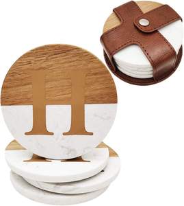 Wood Marble Coasters with Leather Holder White Stone with Gold Initials for Home Office - Product Image 1