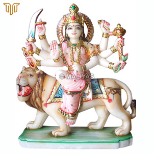 Pure White Marble Durga Idol on Lion | Graceful Multi Armed Goddess Sculpture with Pink Attire and Golden Crown by MALIYAS Jaipu - Product Image 2