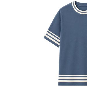 Conjunto de dos piezas informal personalizado para mujer, camiseta de manga corta azul y gris y pantalones de pierna recta con rayas en contraste. - Product Image 2