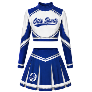 Ensemble uniforme de cheerleading sublimé bleu et blanc à manches longues avec jupe plissée – Tenue de sport d'équipe pour entraînement et performance – Personnalisable - Product Image 2