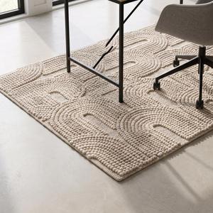 Tapis d'intérieur en laine beige crème tissé à la main, motif géométrique moderne, boucles épaisses, antidérapant, à poils moyens, avec envers en toile de coton - Product Image 5