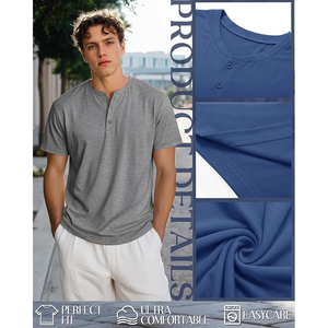 <b>Men's</b> Solid Color Short Sleeve Henley <b>T</b>-<b>Shirt</b> Regular Fit Casual Knitted Plain Dyed Top <b>V</b>-<b>Neck</b> Design - Product Image 3