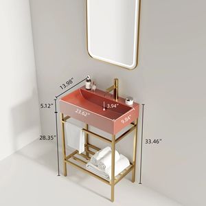 24 \ "Set di vanità da bagno rosso lucido Freestanding consolle lavabo rettangolare in ceramica rubinetto aperto in metallo gambe scaffali di stoccaggio - Product Image 5