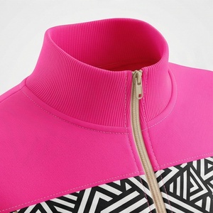 Ensemble de survêtement sportif rose pour femmes, 2 pièces, tricoté, avec imprimé géométrique, fermeture éclair intégrale, col montant, manches longues, coupe régulière, toutes saisons - Product Image 4