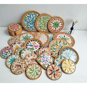Mother of Pearl Inlay Rattan Beverage <b>Coaster</b> Handmade Woven <b>Drink</b> Mat for Kitchen Dining Table Decoration - Product Image 6