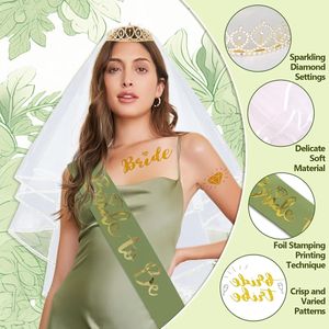 Set Decorazioni per Addio al Nubilato Verde Salvia Include Fascia 'Bride', Velo, Corona e Adesivi Tatuaggio per Servizi Fotografici - Product Image 2