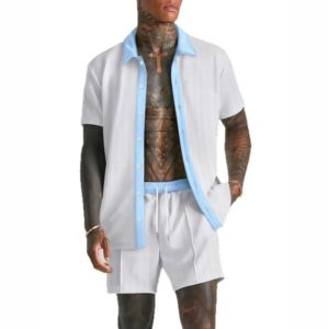 ชุดเซ็ตสองชิ้นสำหรับผู้ชาย เสื้อเชิ้ตแขนสั้นติดกระดุมคอปกตัดสี และกางเกงขาสั้นเอวยางยืด ชุดลำลองสำหรับฤดูร้อน - Product Image 6