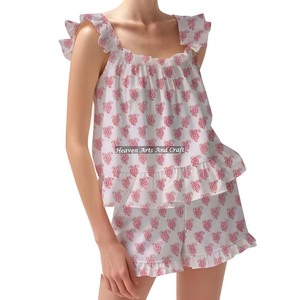 Femmes imprimé fleuri bloc coton main nuit costume Shorts pyjama ensemble printemps/été ajusté bretelles volants garniture manches PJ ensemble - Product Image 2