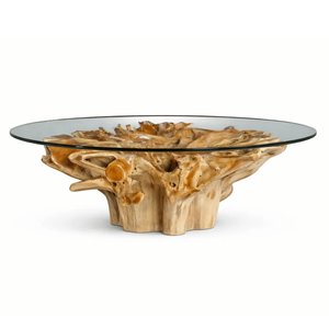 Luxury Handmade Eco-Friendly <b>Rustic</b> Solid Teak Root <b>Coffee</b> <b>Table</b> Tempered Glass Top Natural Tree Root Base Living Room Furniture - Product Image 1
