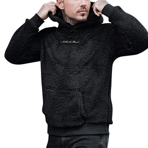 Sudadera con capucha de felpa de otoño e invierno para hombre, Sudadera con capucha gruesa y cálida con bolsillos suaves de manga larga y etiqueta de letras de Color sólido - Product Image 2