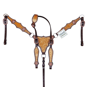 Ensemble de têtière et de collier de poitrail avec de gros paillettes orange, des éclats brillants et des conchos en strass. - Product Image 6