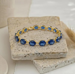 Pulsera con Dije de Zafiro Azul Cultivado en Laboratorio, Corte Ovalado, Plata de Ley, Chapado en Oro, Regalo de Aniversario de Lujo, Joyería Elegante - Product Image 3