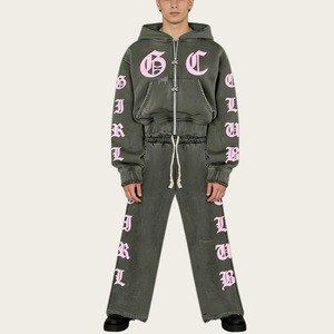 Women’s Washed Gothic Letter Print Cropped Hoodie & Wide Leg Sweatpants <b>Set</b> Custom Sinewy Sports Streetwear Tracksuit - Product Image 4