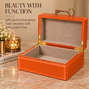 Orange Glass Jewelry Storage Box with <b>Gold</b> Key Handle Glossy Finish Soft Lining Decorative Keepsake and Vanity Organizer - Product Image 3