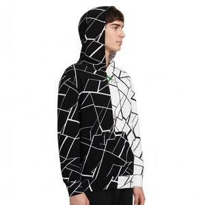 <b>Men</b> Women Black <b>White</b> Split Color <b>Hoodie</b> Cracked Stone Geometric Line Art Print Cotton Fleece Casual Winter Streetwear Tops - Product Image 3