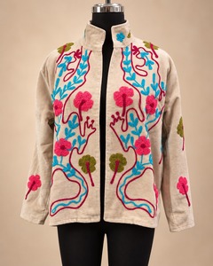 Beige <b>Velvet</b> Suzani Embroidered <b>Jacket</b> for <b>Women</b> Floral Threadwork Ethnic Open Front <b>Jacket</b> Designer Festive Winter Wear - Product Image 1
