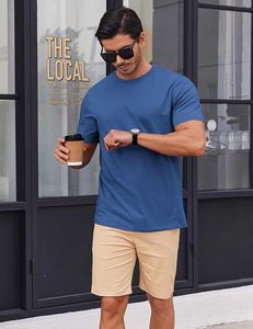 T-shirt à manches courtes pour homme, bleu uni, col rond, coupe classique, décontracté, respirant, 100% coton jersey tricoté - Product Image 4