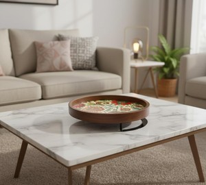 Wooden Serving <b>Tray</b> with Metal Stand Enamel Printed Round Wood Platter Decorative Dining Table Organizer Home <b>Kitchen</b> Serveware - Product Image 5