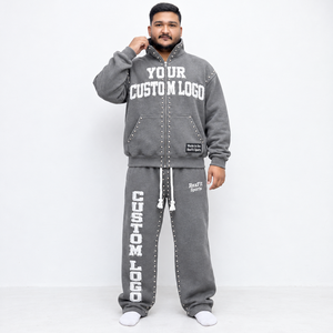 Ensemble de survêtement unisexe en molleton délavé à l'acide, pantalon de jogging ample, lettres en relief personnalisées, streetwear, ensemble de survêtement d'hiver assorti - Product Image 2